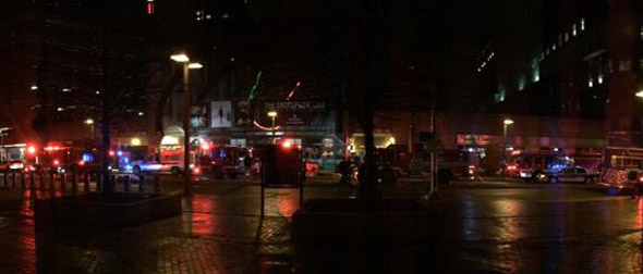 Firetrucks and police cruisers outside Back Bay station