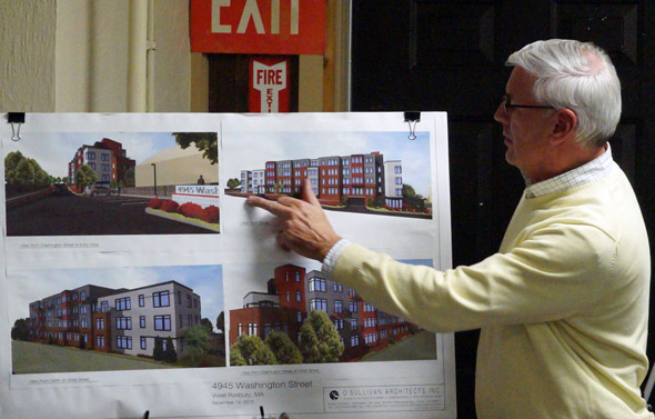 Architect David O'Sullivan shows off proposed apartments at 4945 Washington St. in West Roxbury