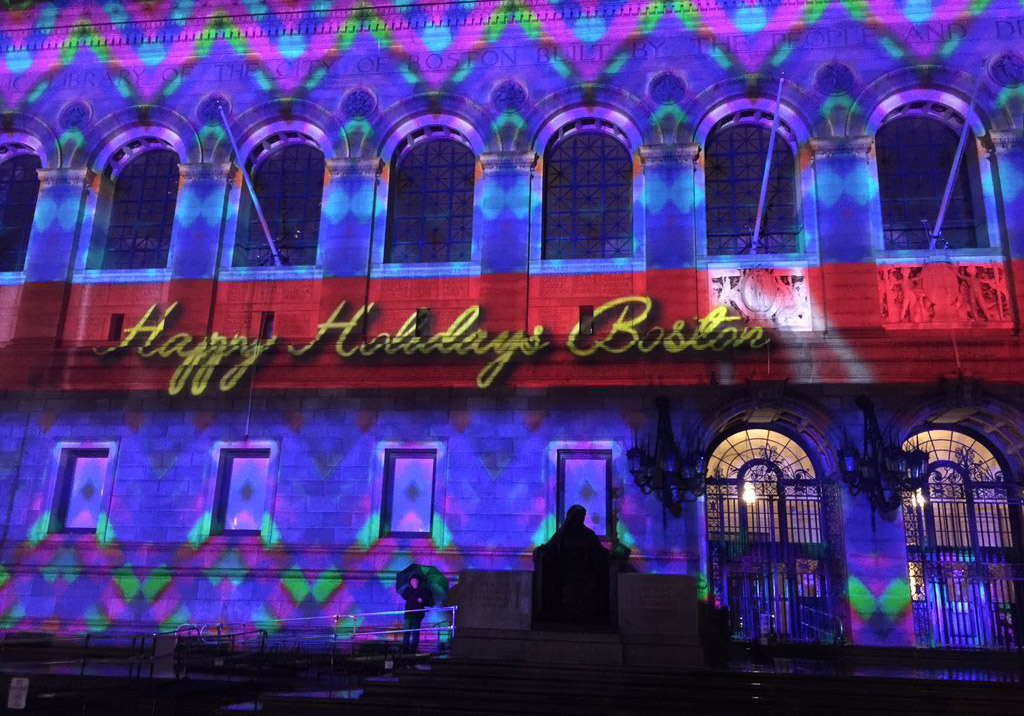 Boston Public Library all lit up for the holidays