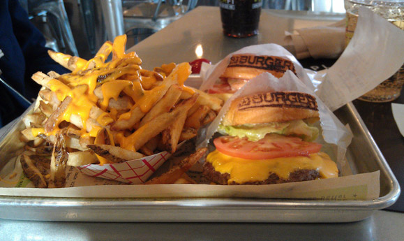 Cheesey burger and fries at BurgerFi in West Roxbury