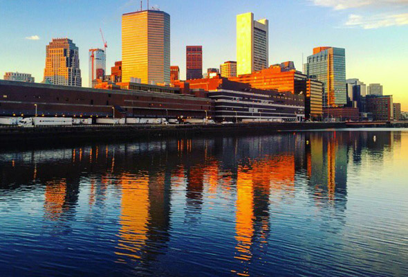 Downtown Boston reflected in Fort Point Channel