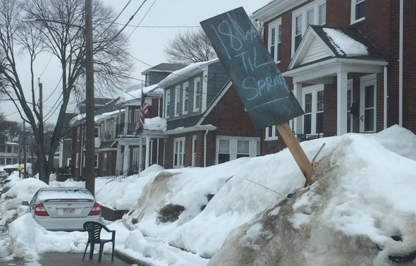Countdown sign in Dorchester in the snow