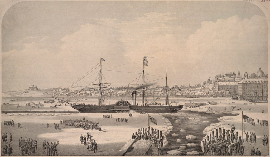 British ship leaves Boston Harbor in canal dug through ice