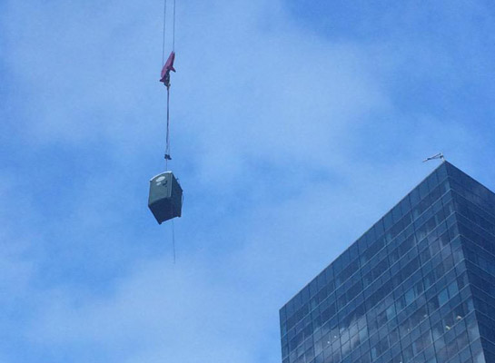 Portable toilet soaring high over Downtown Crossing