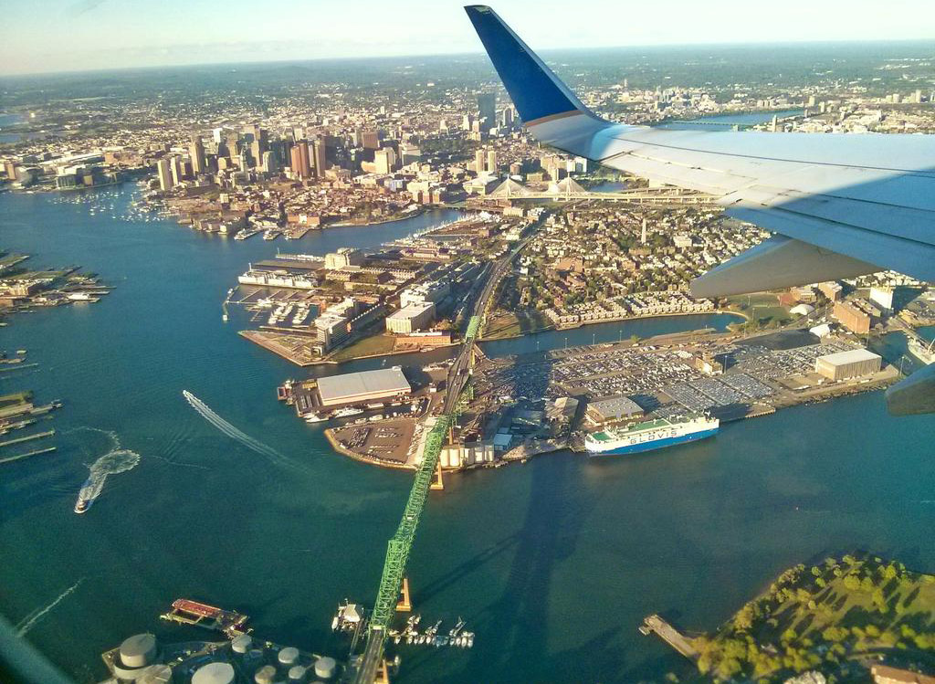Flying over the Mystic River and the Tobin Bridge