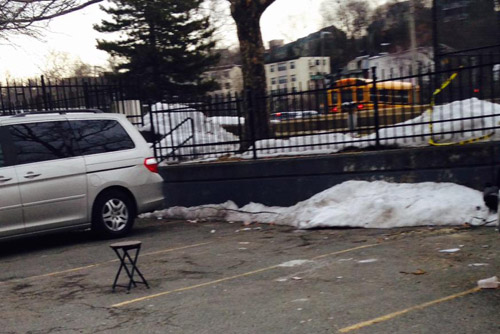 Space saver in a Jamaica Plain parking lot