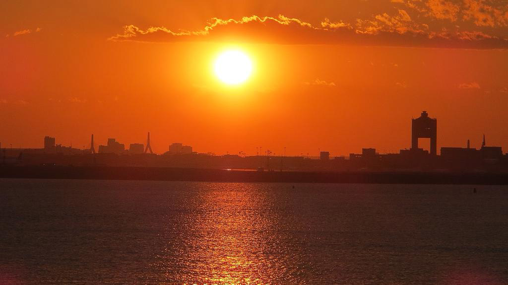 Orange sunset over Boston Harbor
