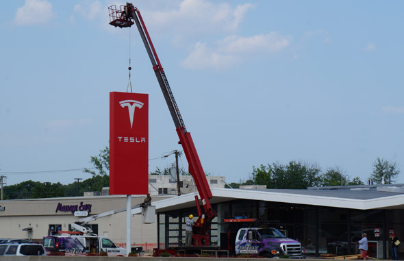 Tesla sign on Providence Highway in Dedham