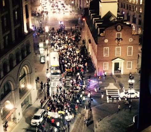 Wage protesters by the Old State House in downtown Boston