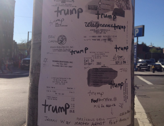 Weird sign at Berkeley and Columbus in Boston, featuring lots of Trump mentions