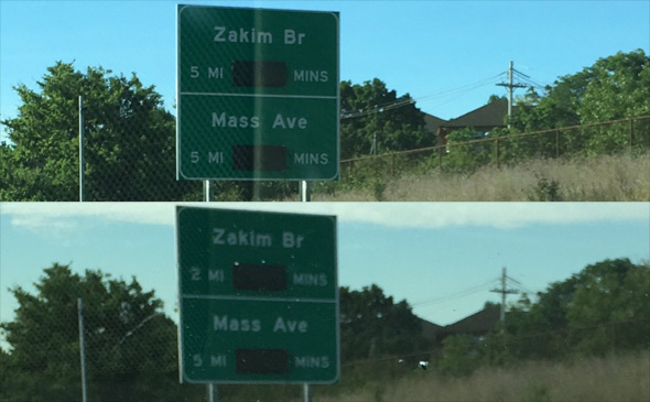Sign on I-93 changed to reflect actual distance to Mass Ave and Zakim Bridge