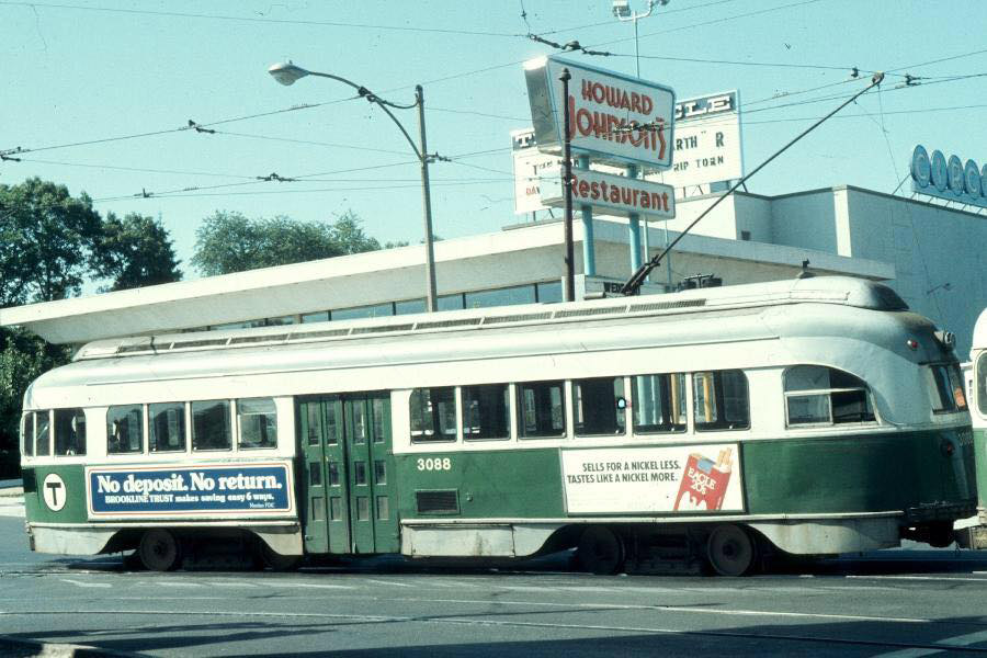 Trolley in front of the old Circle Cinema in Cleveland Circle