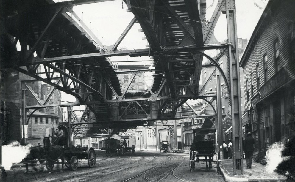 El, trolley tracks and horse-drawn carriages in old Boston
