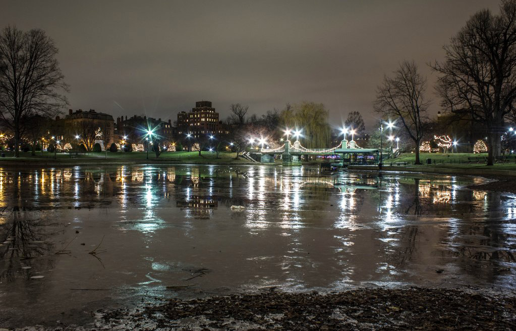 Boston Public Garden lagoon after sunset