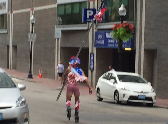 Half-naked patriotic guy in downtown Boston