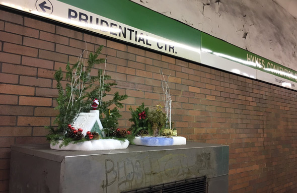 Christmas treets at Hynes station on the Green Line