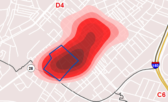 Map of gunfire in lower Roxbury, South End in 2014 and 2015
