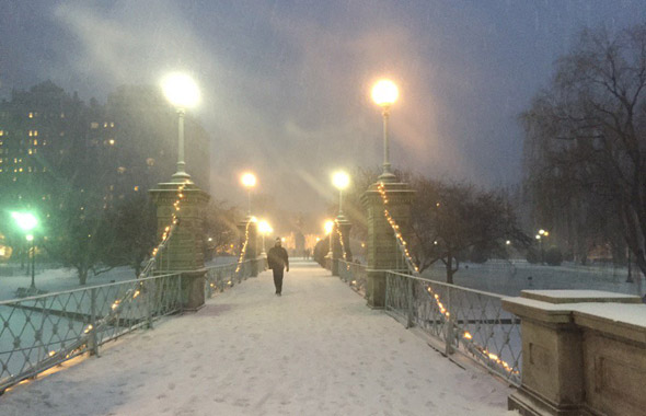 Snow falling on the Public Garden bridge