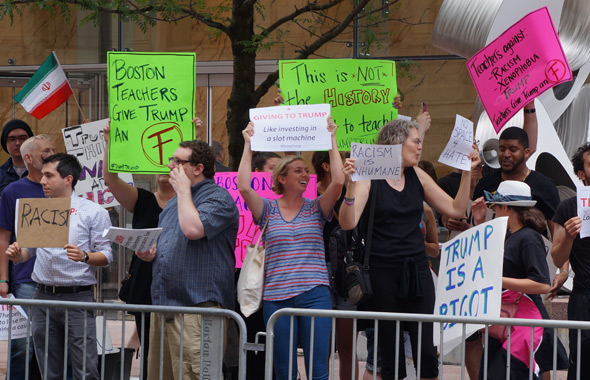 Anti-Trump protesters in front of Langham Hotel on Franklin Street