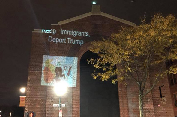 Projecting a pro-immigrant, anti-Trump message on the Roslindale substation