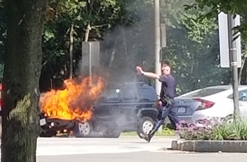 Flaming SUV in Cambridge
