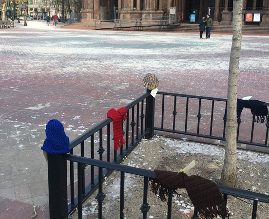 Hats and scarves in Copley Square