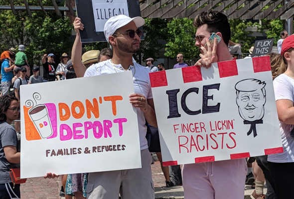 Protesting immigration policies at City Hall Plaza in Boston