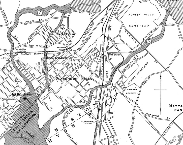 Proposed routes of West Roxbury Parkway in 1894