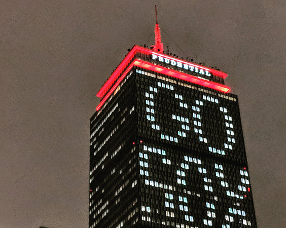 Lights in the Prudential tower read Go Sox