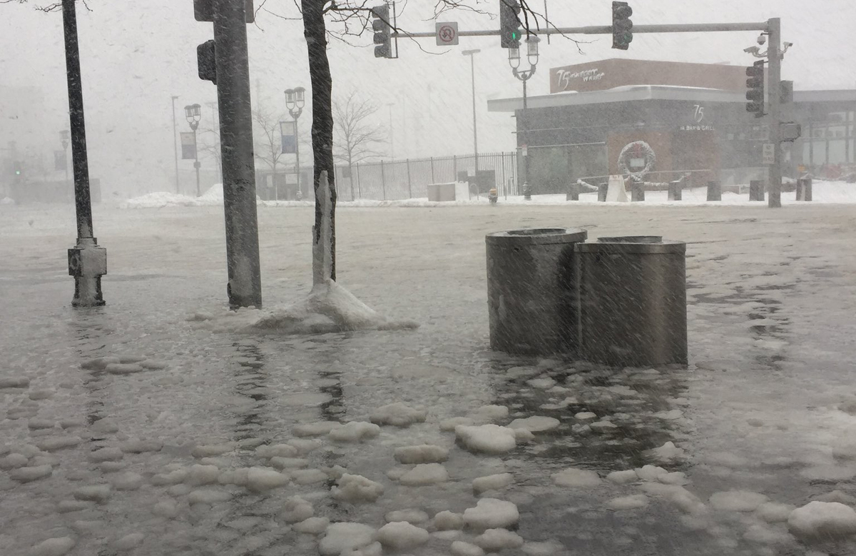 Seaport Boulevard flooded in South Boston