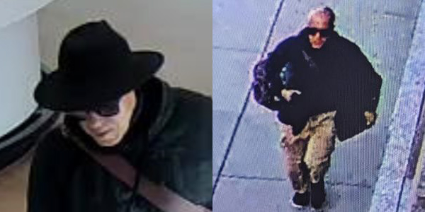 Man before and after bank robbery, with black hat, jacket and sunglasses