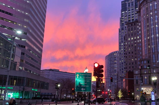 Sunset over Dewey Square downtown