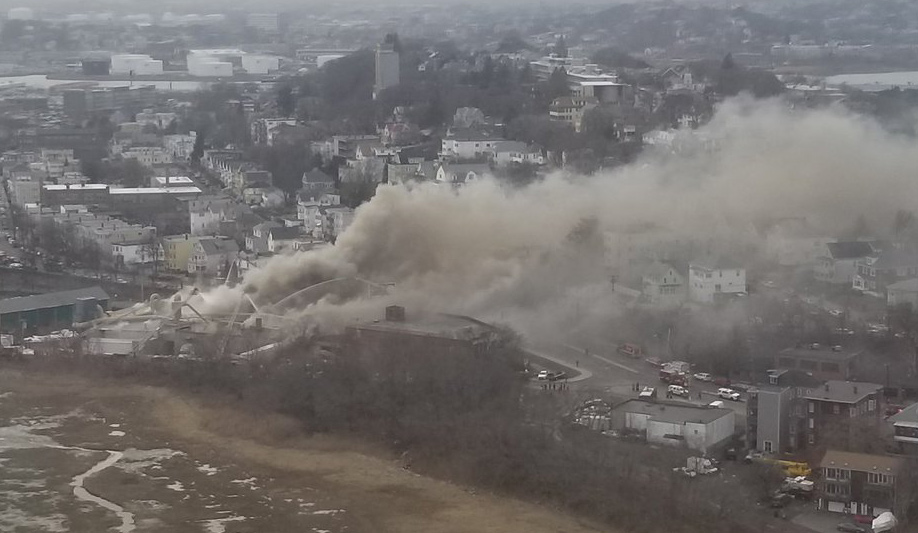 Casket-company fire from the air in East Boston