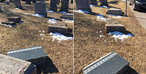 Knocked over tombstones in West Roxbury cemetery