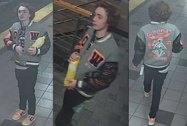 Surveillance photos of man with large juice container, gray jacket with OW in big letters and peach sneakers