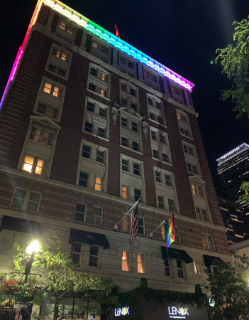 Lenox Hotel lit up in Pride colors