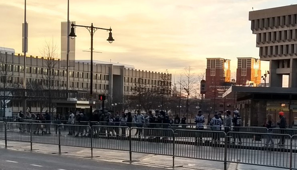 Patriots fans lined up outside City Hall for the Patriots parade