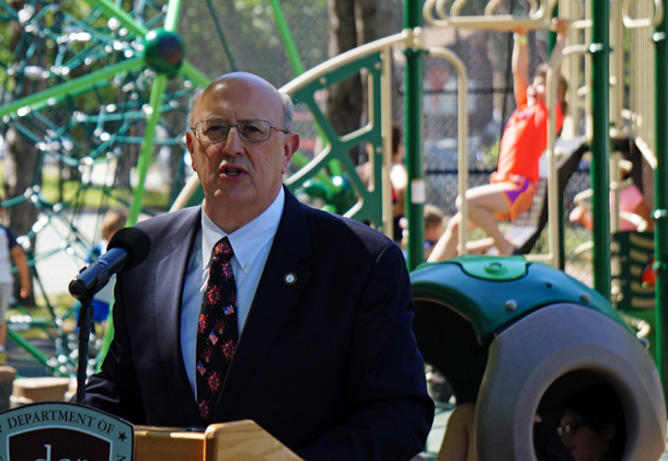 DCR Commissioner Leo Roy at Camp Meigs playground in Readville