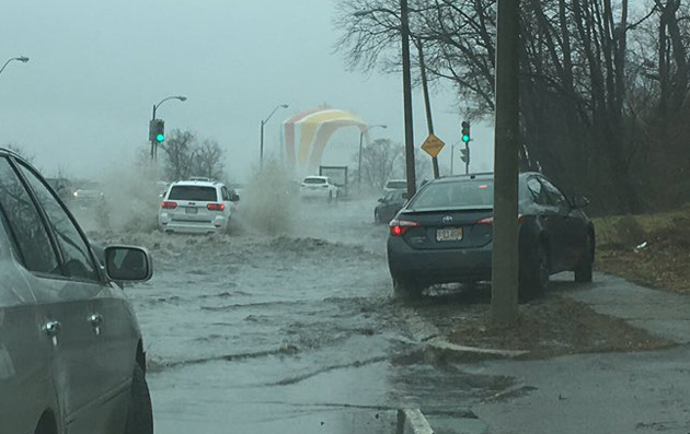 Morrissey Boulevard early this afternoon at high tide