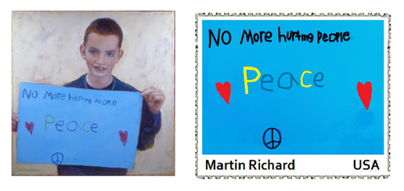 Proposed stamp that would read: No more hurting people - Peace