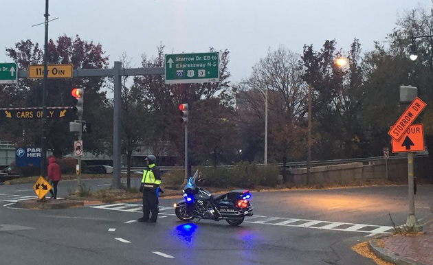State trooper blocking access to Storrow Drive inbound at Charles Circle