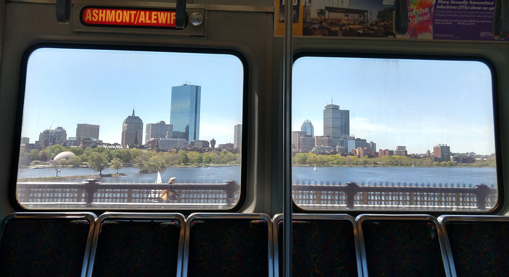View across the Charles towards the Back Bay from the Red Line on the Longfellow Bridge
