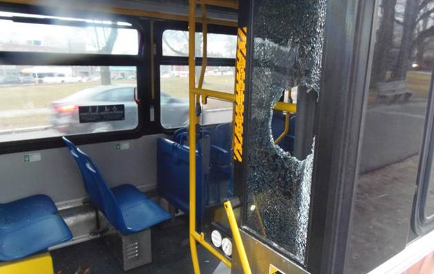 Smashed bus window