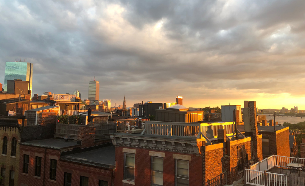 Sunset over Boston and Boston Harbor