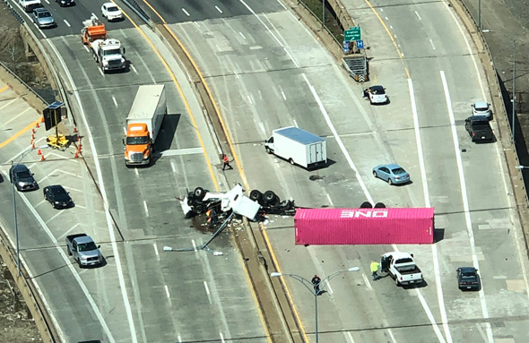 Destroyed truck on the turnpike by the Allston/Cambridge exit