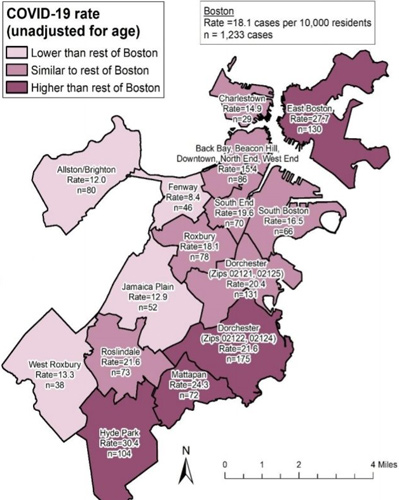 Map of Boston showing Covid-19 rates per neighborhood