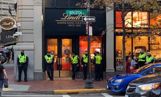 A lot of police in front of the Lindt store on Boylston Street