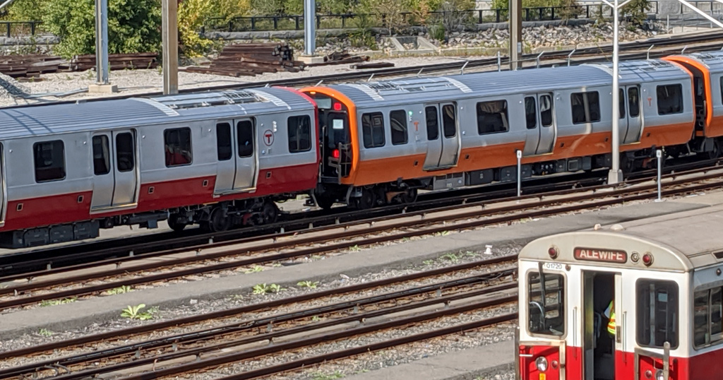 Orange and Red Line cars in the Cabot Yard in South Boston