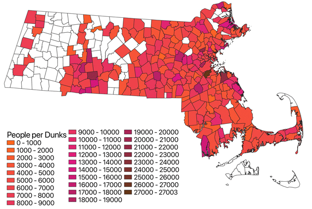 Per-capita Dunkin' Donuts in Massachusetts