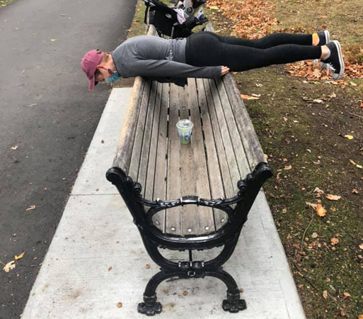 Planking the prank bench at Jamaica Pond